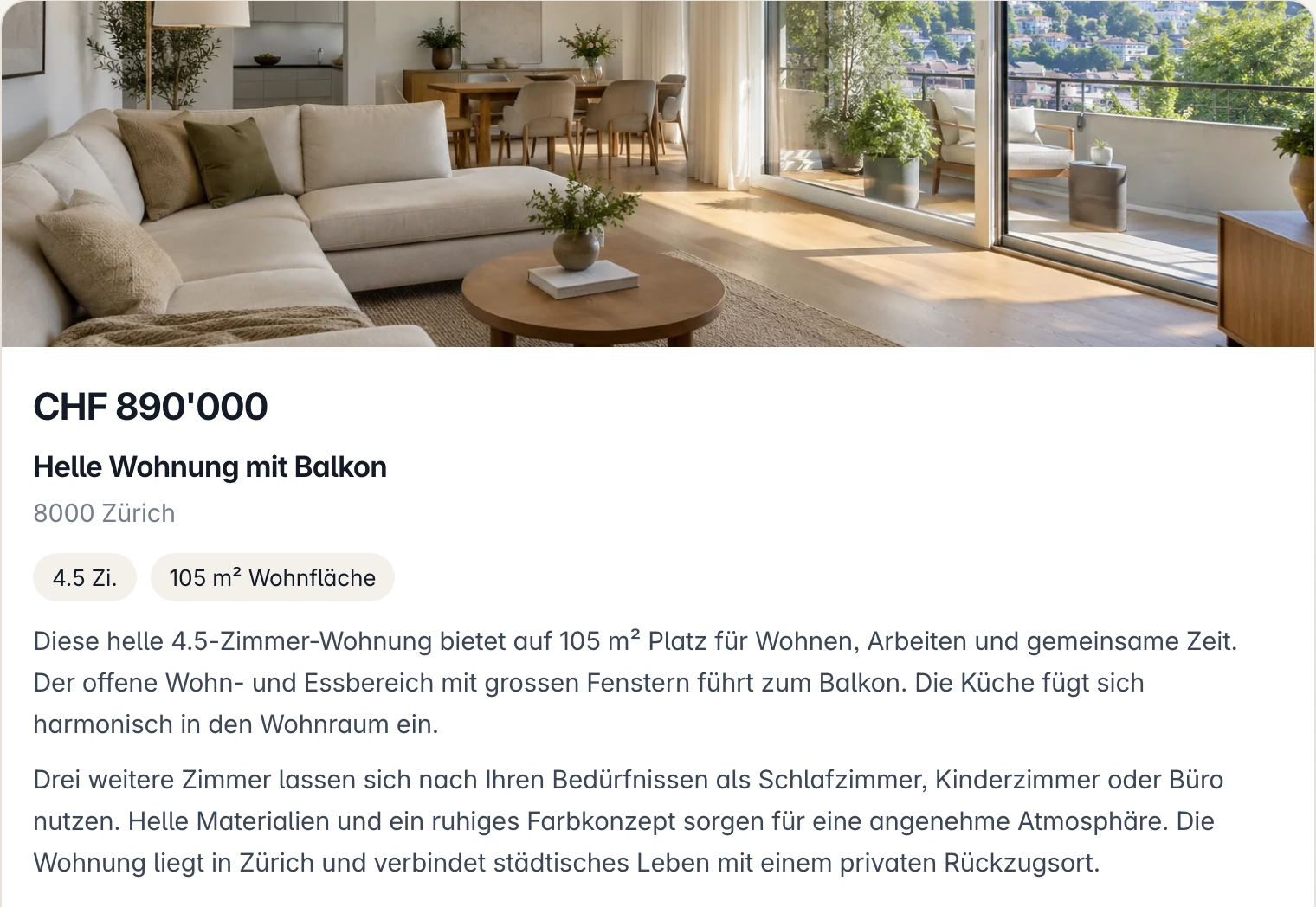 Inseratvorschau am Computer mit Fotos, Preis und Objektangaben