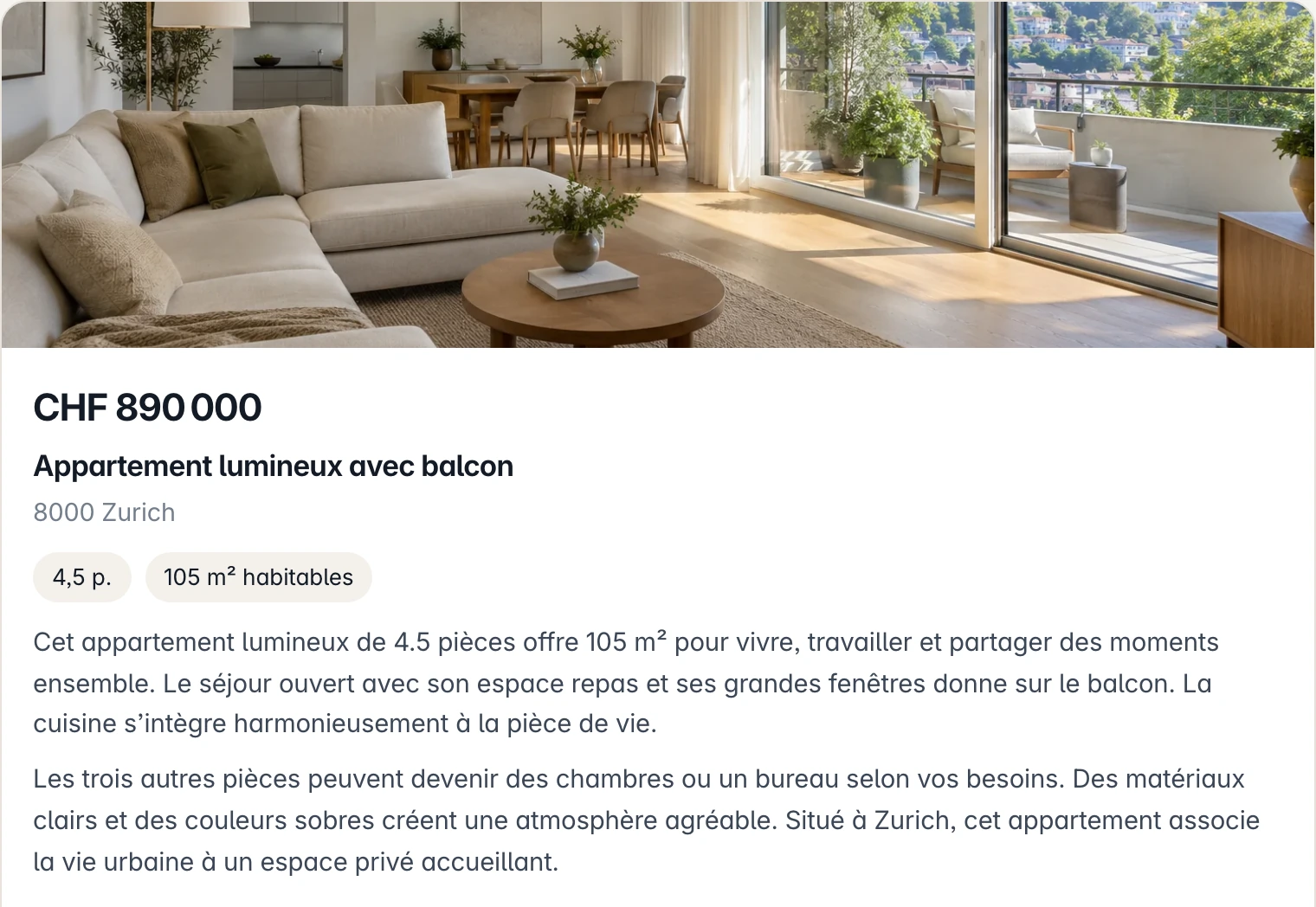 Aperçu de l’annonce sur ordinateur avec photos, prix et informations du bien