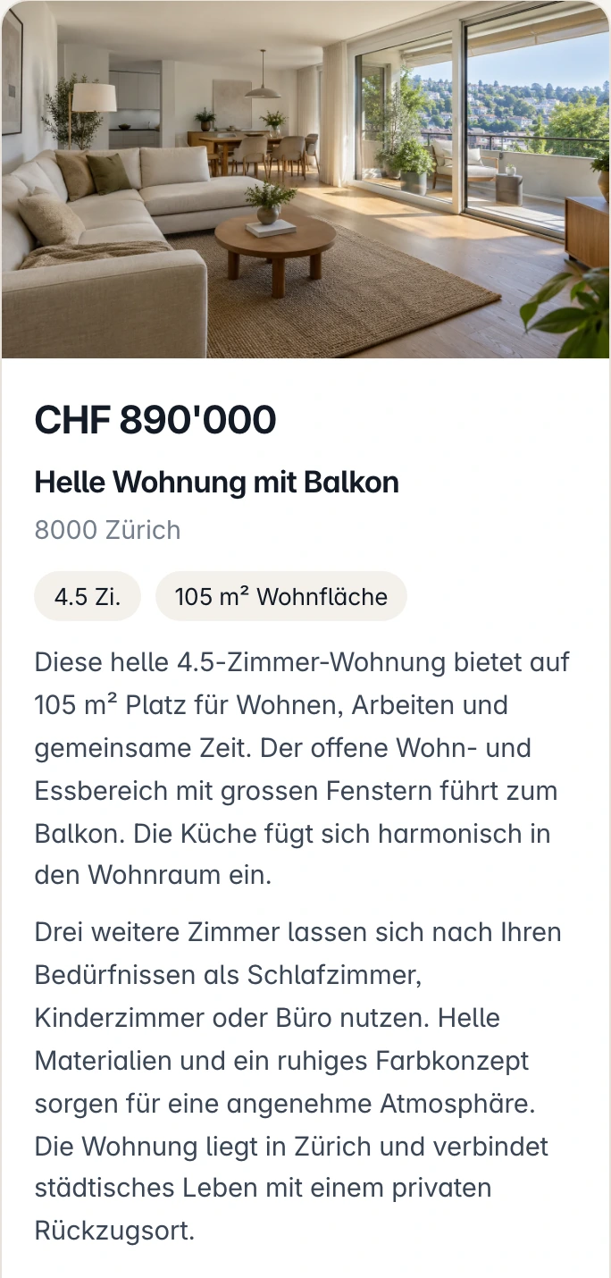 Mobile Inseratvorschau mit Immobilienfoto, Preis und Eckdaten des Musterobjekts