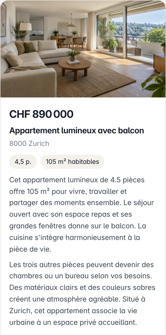 Aperçu mobile de l’annonce avec photo, prix et informations du bien exemple