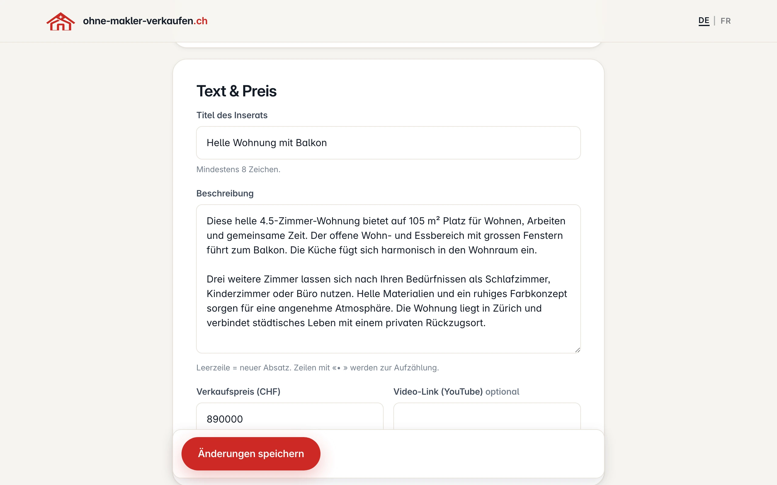Verwaltungsansicht zum Bearbeiten von Inserattext und Preis
