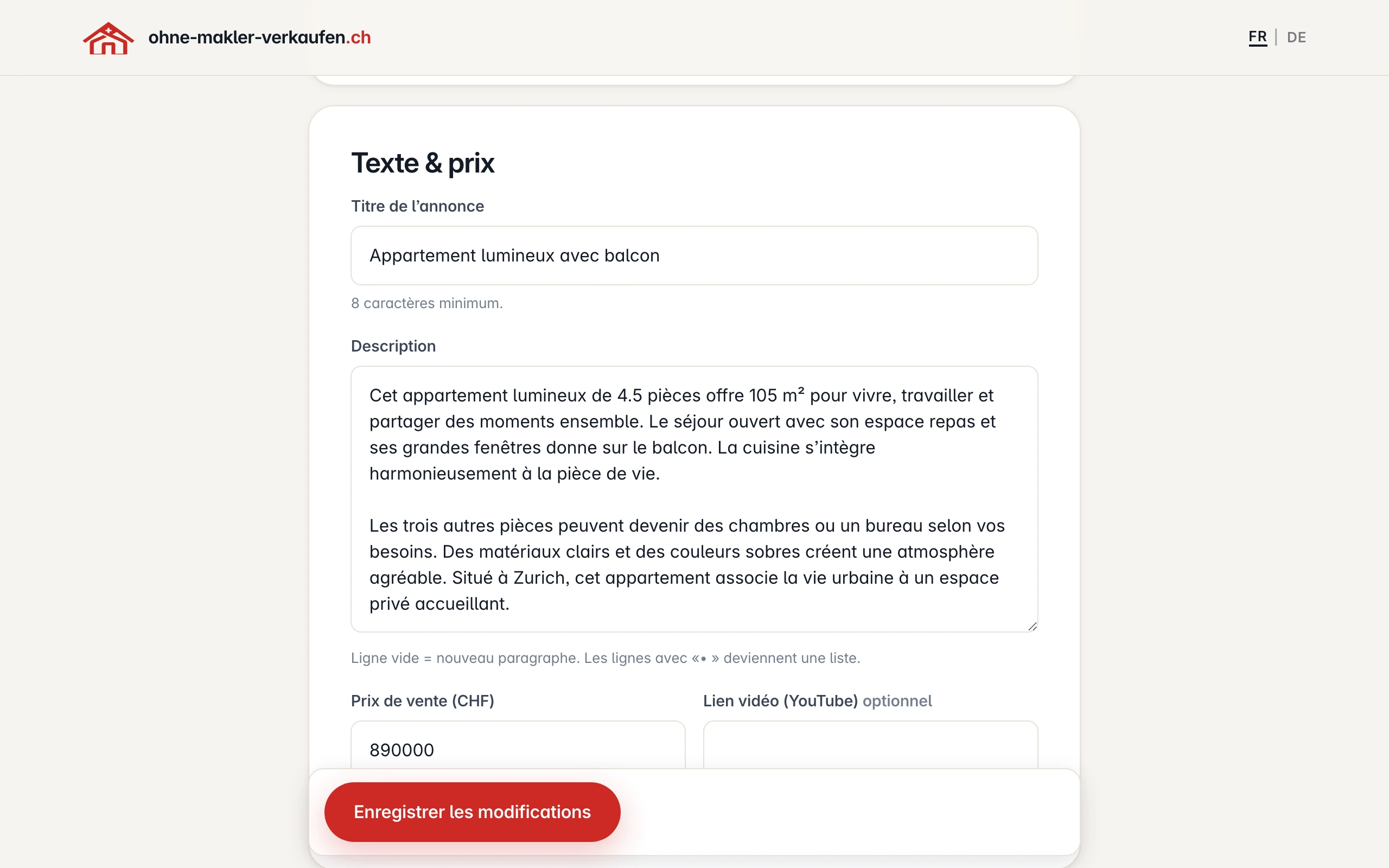 Vue de gestion pour modifier le texte et le prix de l’annonce
